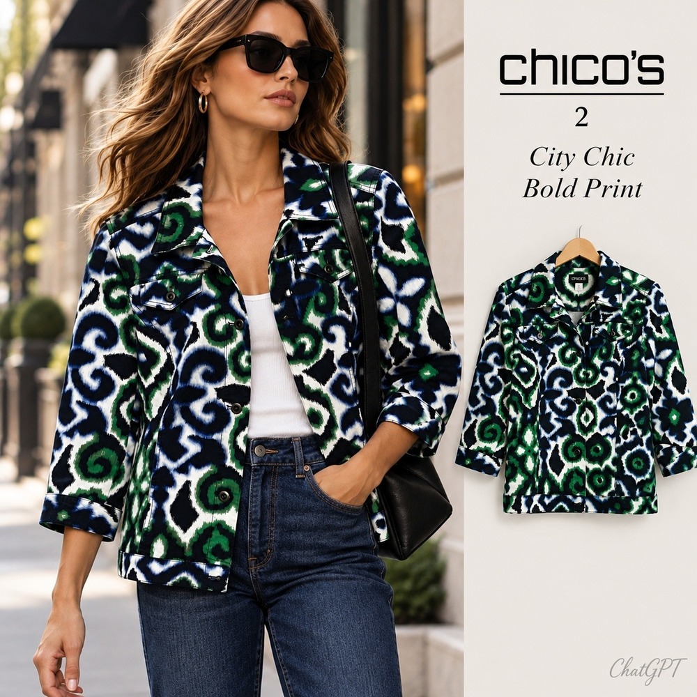 Chico's Ikat Swirl Jacket Womens 12 (2) Large Green Navy WHT Artsy Boho Eclectic